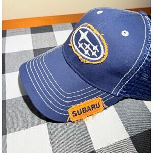 Subaru Hat Cap Snap dark navyBlue Mesh Trucker Patch Embroidered Distressed Mens